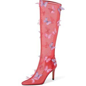 ⚡Women's Red Knee High Boots Butterfly Pointed Toe Stiletto High Heels Mesh